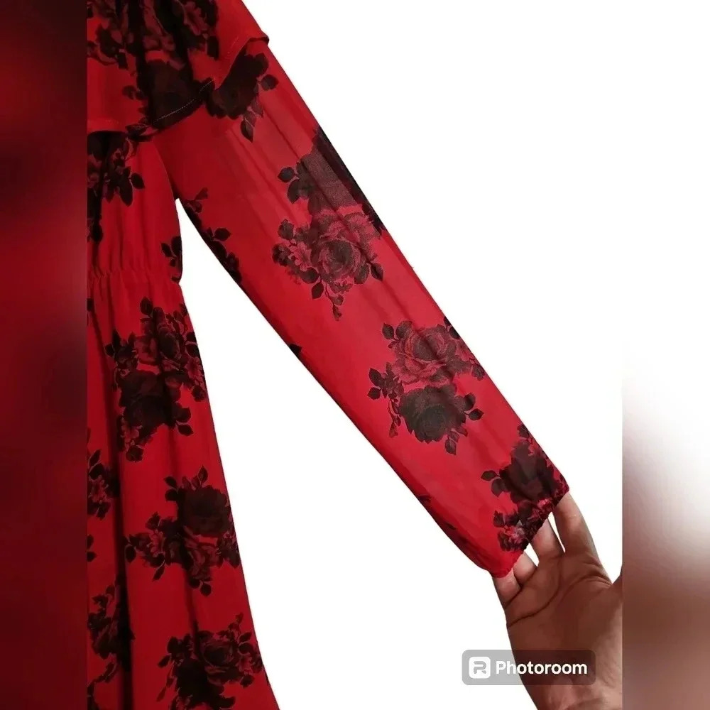 Torrid Women Size 0 Red Black Floral Chiffon Dress Gothic Cottagecore Romantic - Picture 4 of 8